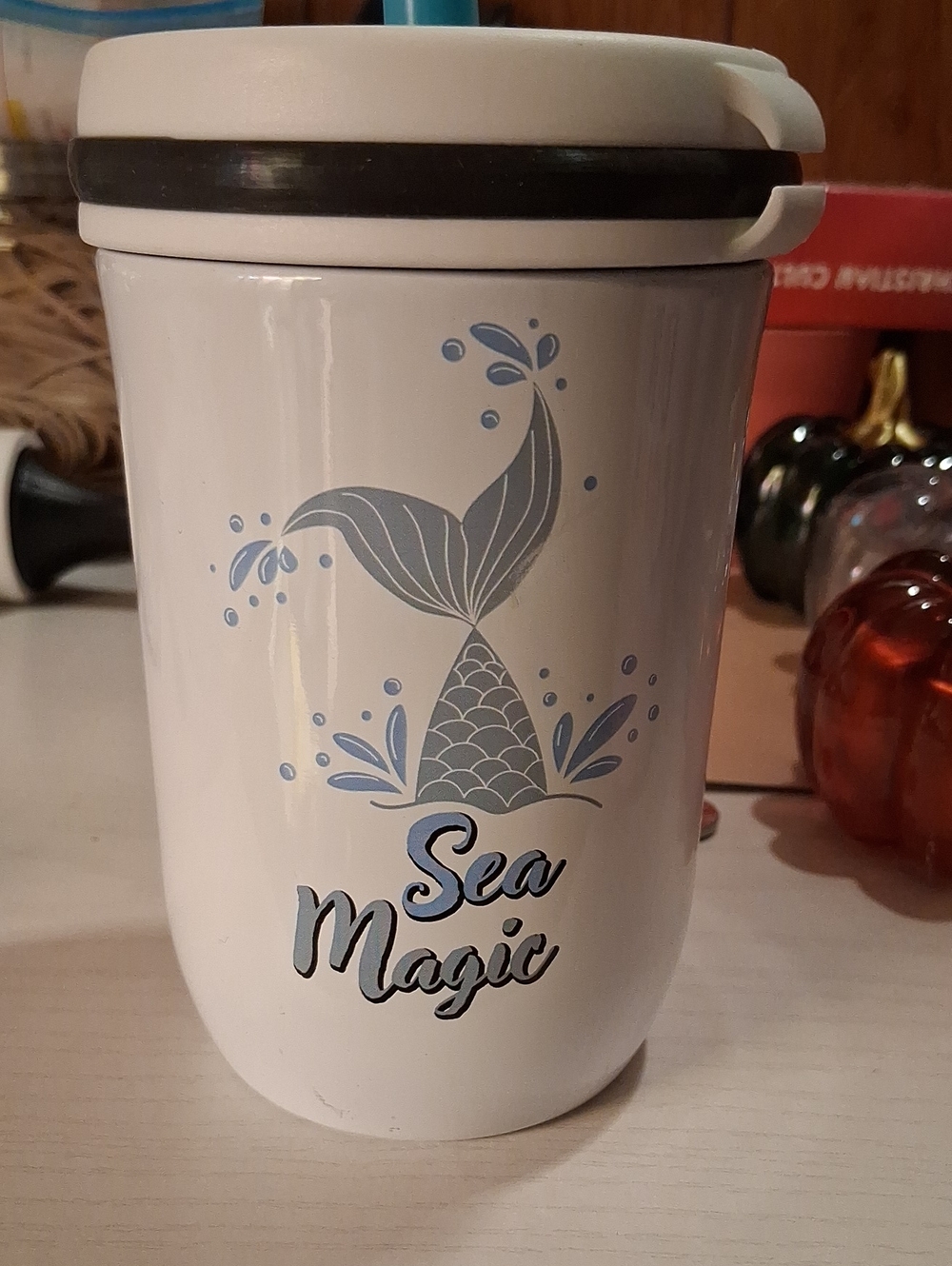 Sea Magic White Travel Tumbler with Blue Mermaid Tail Design